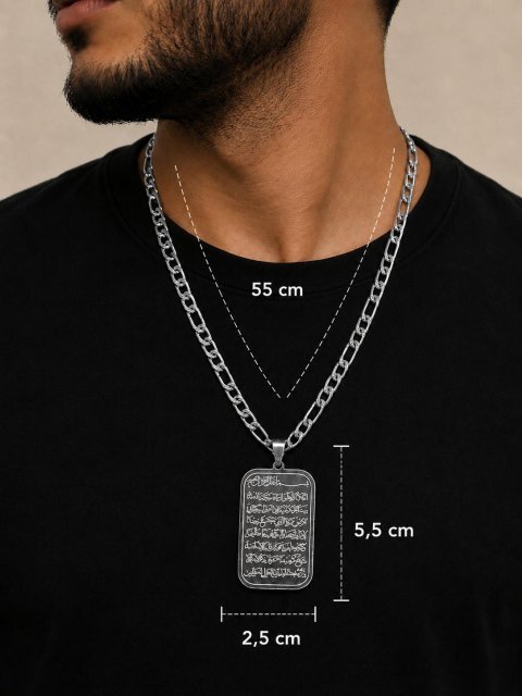 Silberne Ayetel Kürsi Halskette – Herren Kette mit Arabischer Gravur – Islamischer Anhänger – Edelstahl Schmuck Geschenk