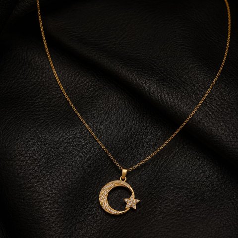 Goldene Mond Stern Halskette – Türkische Halbmond Kette mit Zirkonia – Eleganter Damen Schmuck – Minimalistische Goldkette