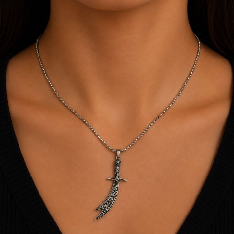 Zulfiqar Schwert Halskette mit Arabischer Schrift für Damen und Herren – Osmanischer Stil Schwarz Silber Anhänger 3