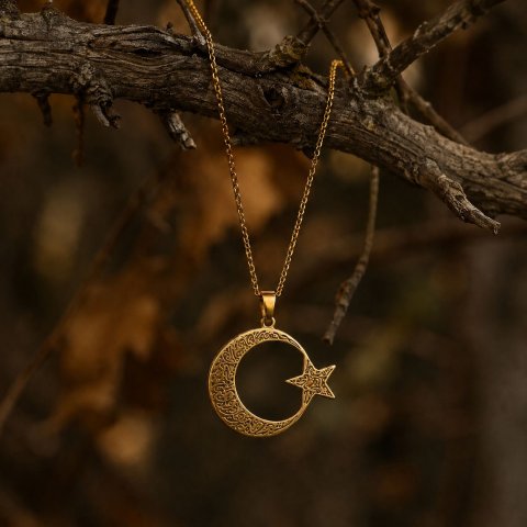 Halbmond Stern Halskette – Arabisches Muster Islamischer Anhänger – Damen Herren Edelstahl Schmuck Geschenk 3