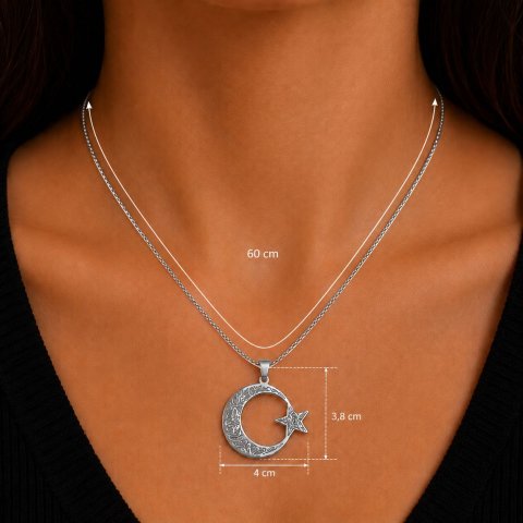 Halbmond Stern Halskette – Arabisches Muster Islamischer Anhänger – Damen Herren Edelstahl Schmuck Geschenk