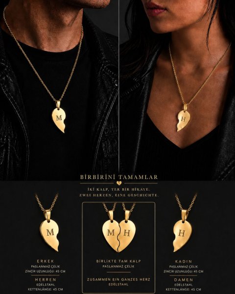 Personalisierte Partner Herzkette – Gold- & Silberfarbene Edelstahl Halskette für Paare