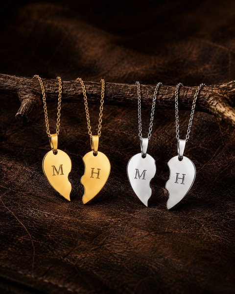 Personalisierte Partner Herzkette – Gold- & Silberfarbene Edelstahl Halskette für Paare