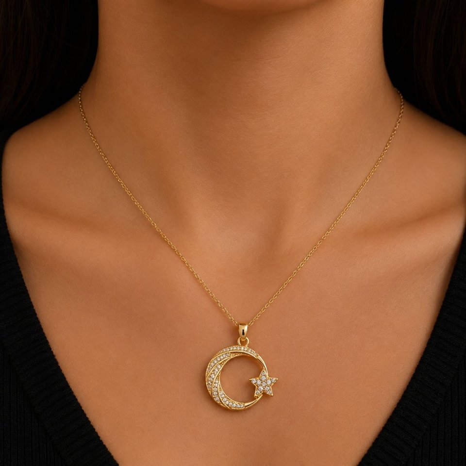 Goldene Mond Stern Halskette – Türkische Halbmond Kette mit Zirkonia – Eleganter Damen Schmuck – Minimalistische Goldkette