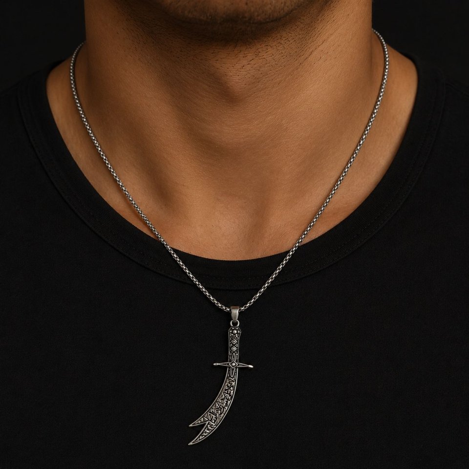 Zulfiqar Schwert Halskette mit Arabischer Schrift für Damen und Herren – Osmanischer Stil Schwarz Silber Anhänger