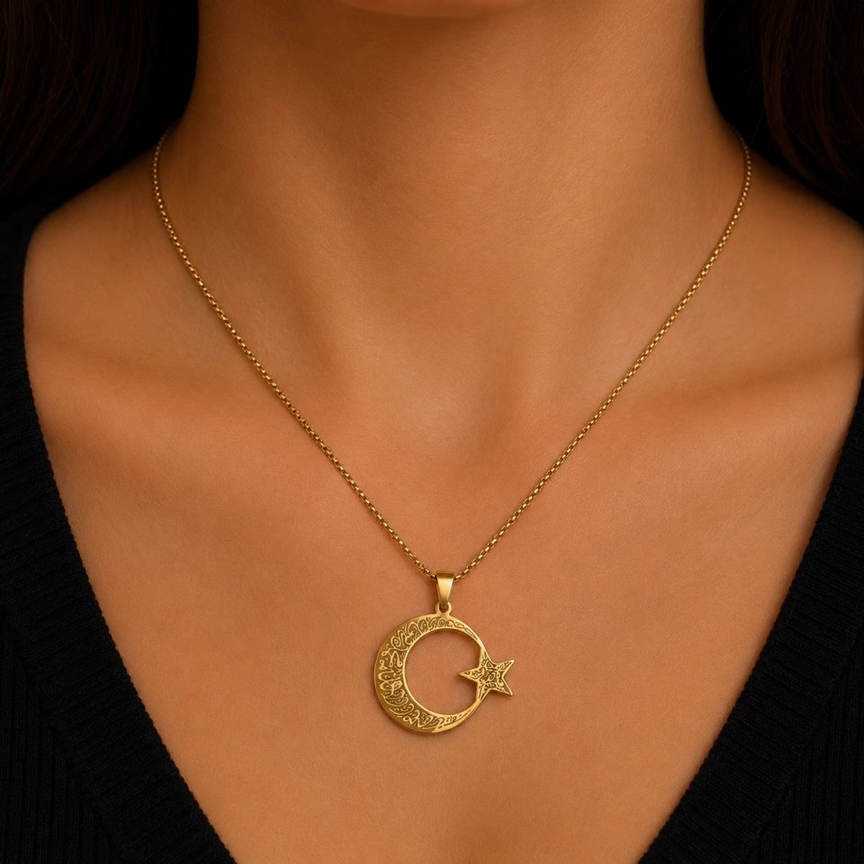 Halbmond Stern Halskette – Arabisches Muster Islamischer Anhänger – Damen Herren Edelstahl Schmuck Geschenk