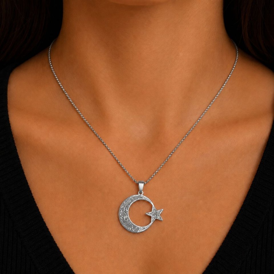 Halbmond Stern Halskette – Arabisches Muster Islamischer Anhänger – Damen Herren Edelstahl Schmuck Geschenk