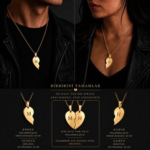 Personalisierte Partner Herzkette – Gold- & Silberfarbene Edelstahl Halskette für Paare