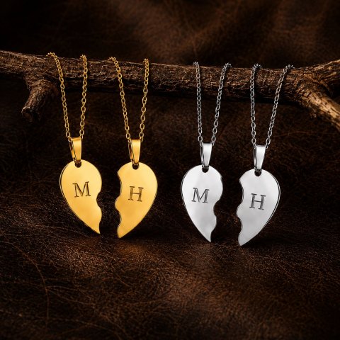 Personalisierte Partner Herzkette – Gold- & Silberfarbene Edelstahl Halskette für Paare 3