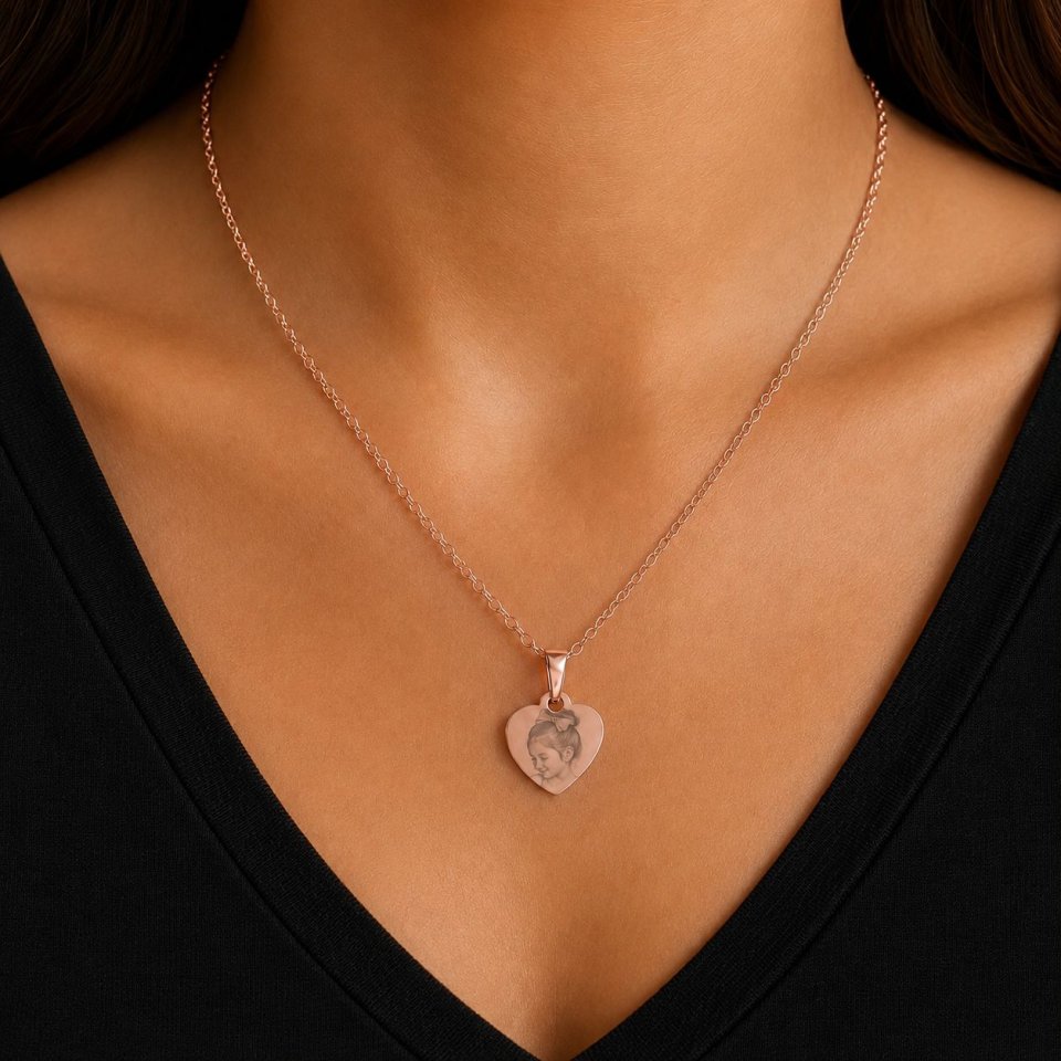 Personalisierte Herzkette 16 mm – Foto Gravur Anhänger – Herzkette in Gold, Silber und Roségold – Individuelles Geschenk